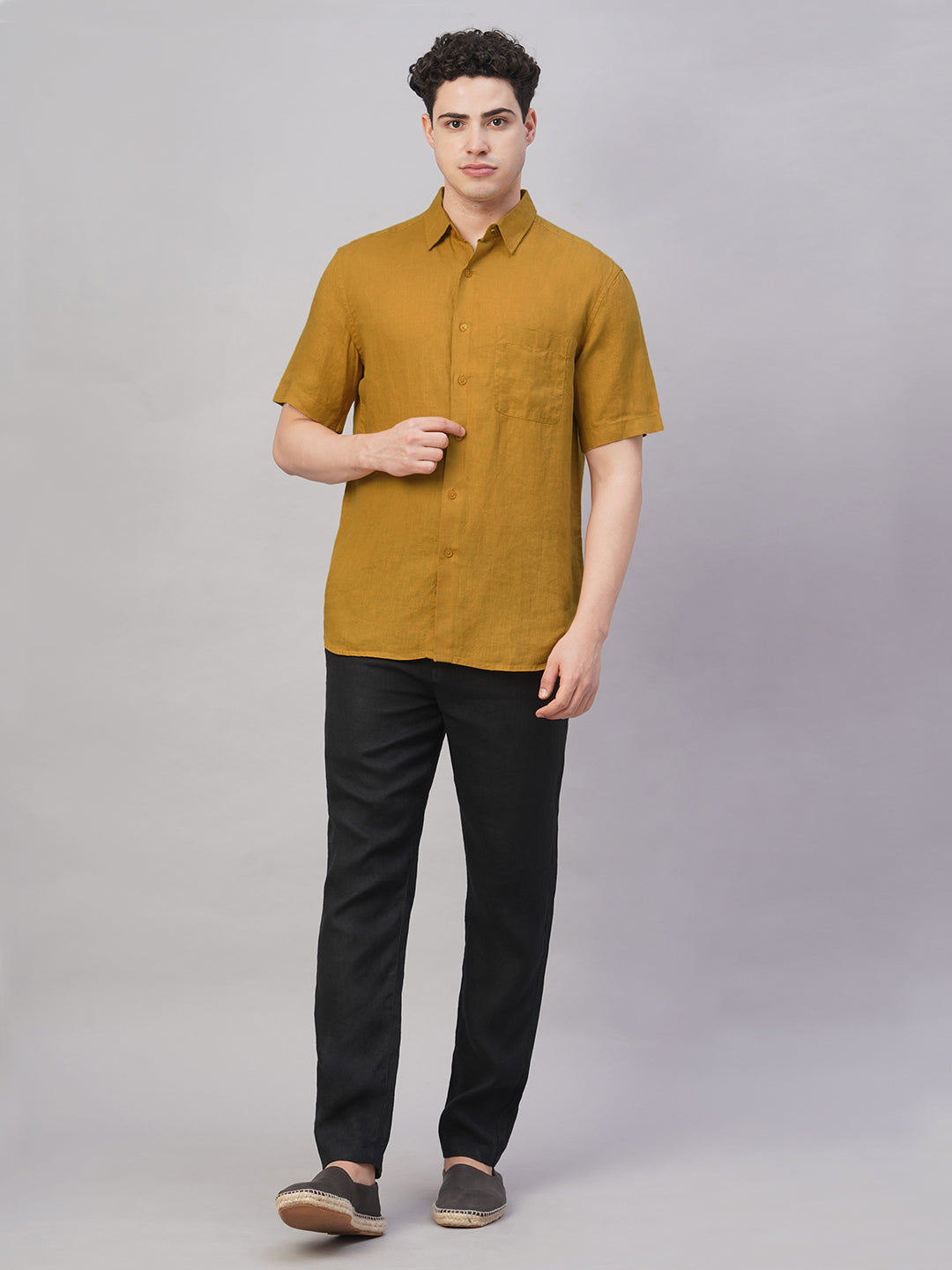 Men's Mustard 100% Linen Regular Fit Shirt