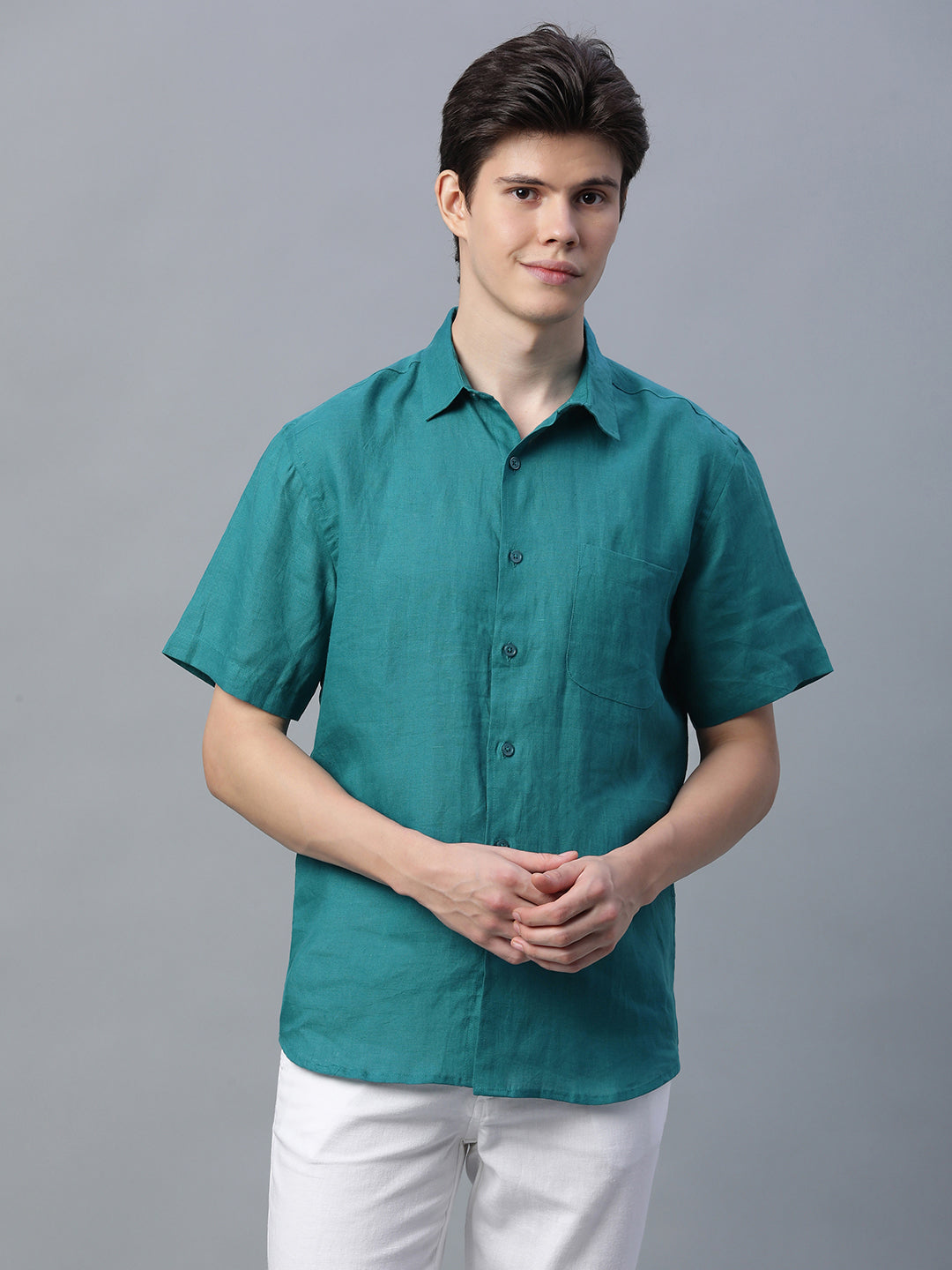 Men's Green 100% Linen Regular Fit Shirt
