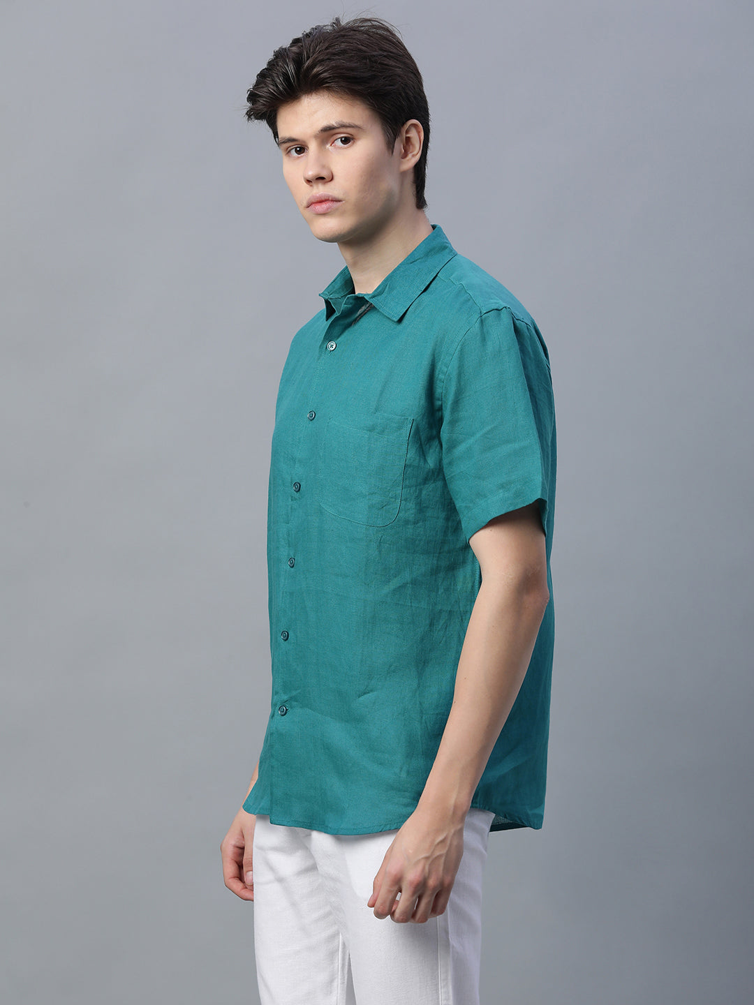 Men's Green 100% Linen Regular Fit Shirt