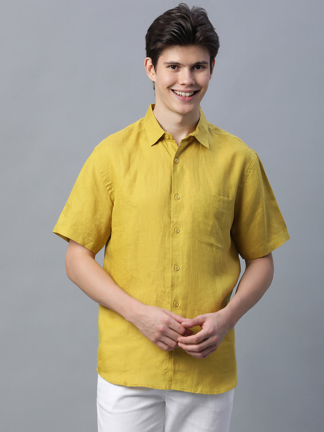 Men's Mustard 100% Linen Regular Fit Shirt