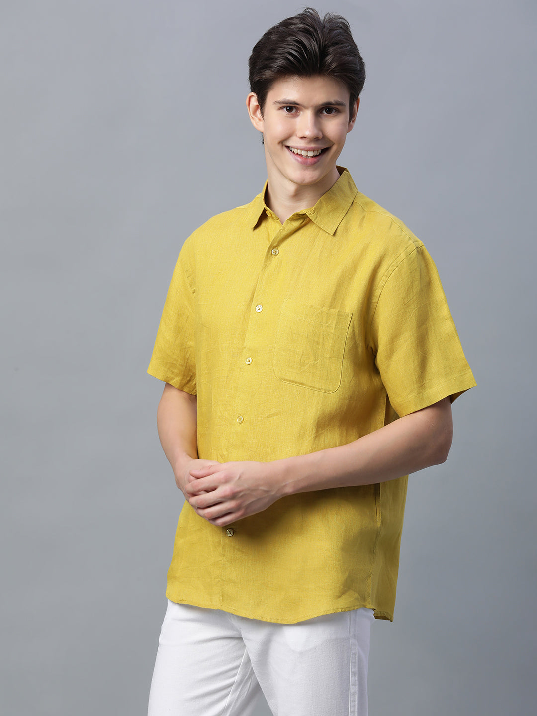 Men's Mustard 100% Linen Regular Fit Shirt