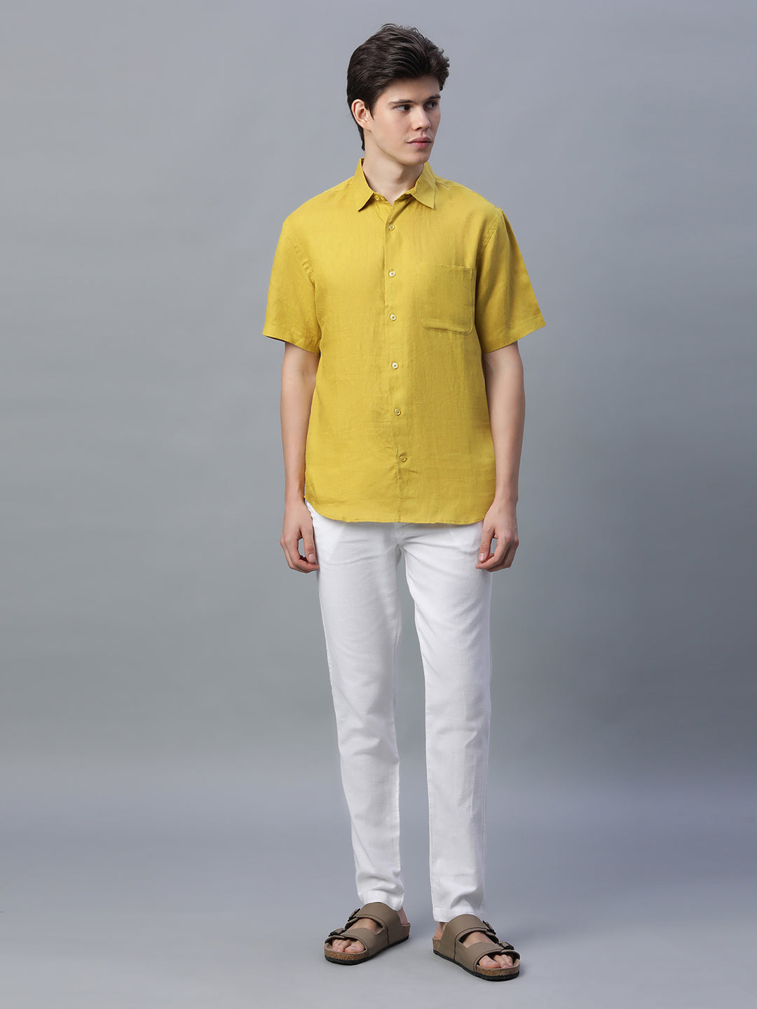 Men's Mustard 100% Linen Regular Fit Shirt