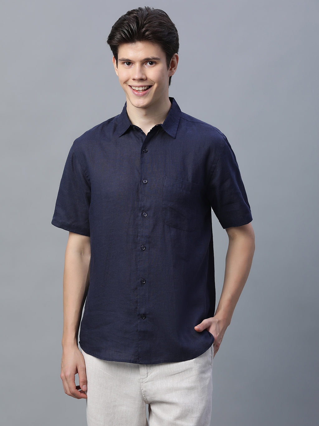 Men's Navy 100% Linen Regular Fit Shirt