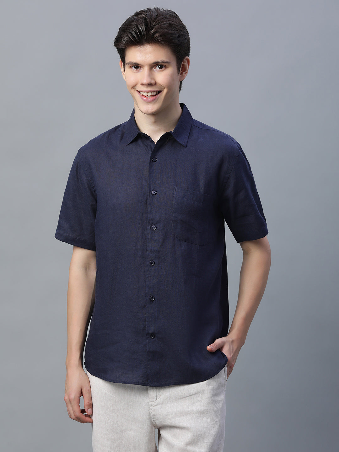 Men's Navy 100% Linen Regular Fit Shirt