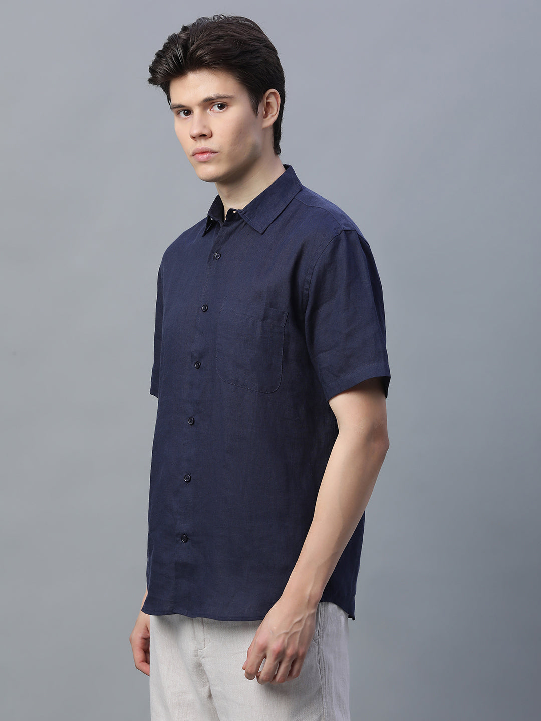 Men's Navy 100% Linen Regular Fit Shirt