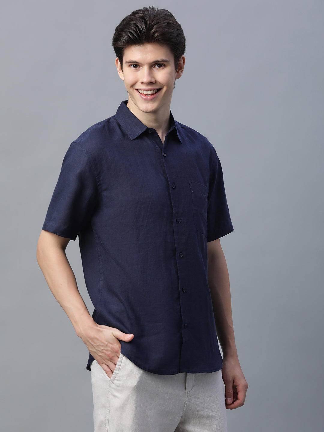 Men's Navy 100% Linen Regular Fit Shirt