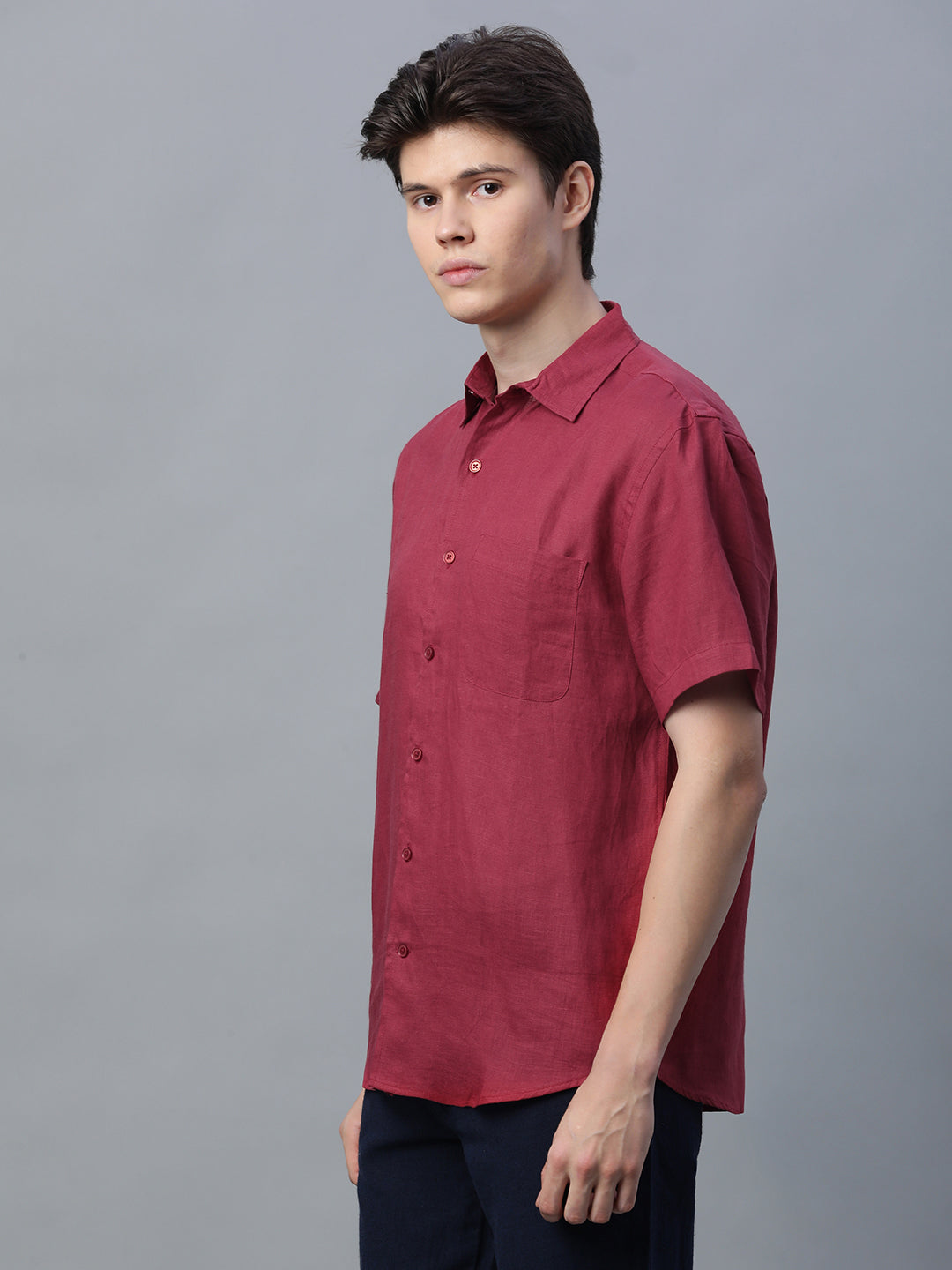 Men's Red 100% Linen Regular Fit Shirt