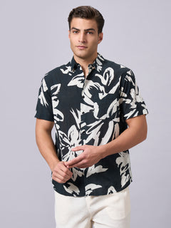 Men's 100% Cotton Regular Fit Half Sleeves Printed Shirt Black