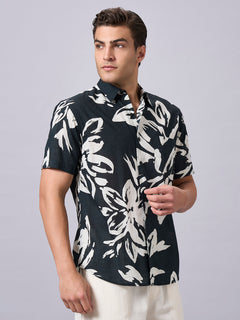 Men's 100% Cotton Regular Fit Half Sleeves Printed Shirt Black
