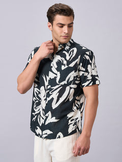 Men's 100% Cotton Regular Fit Half Sleeves Printed Shirt Black