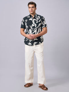 Men's 100% Cotton Regular Fit Half Sleeves Printed Shirt Black