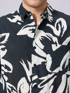 Men's 100% Cotton Regular Fit Half Sleeves Printed Shirt Black