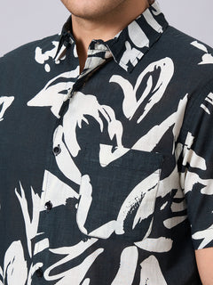 Men's 100% Cotton Regular Fit Half Sleeves Printed Shirt Black