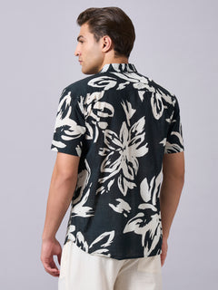 Men's 100% Cotton Regular Fit Half Sleeves Printed Shirt Black