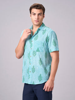 Men's 100% Cotton Regular Fit Half Sleeves Printed Shirt Green