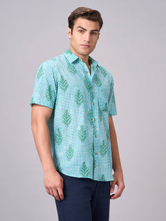 Men's 100% Cotton Regular Fit Half Sleeves Printed Shirt Green