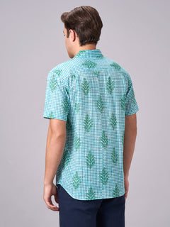 Men's 100% Cotton Regular Fit Half Sleeves Printed Shirt Green