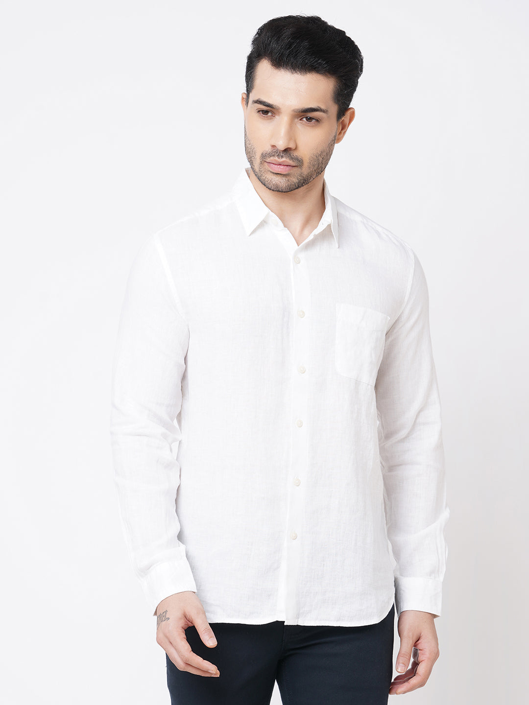Men's 100% Linen White Regular Fit Long Sleeved Shirt