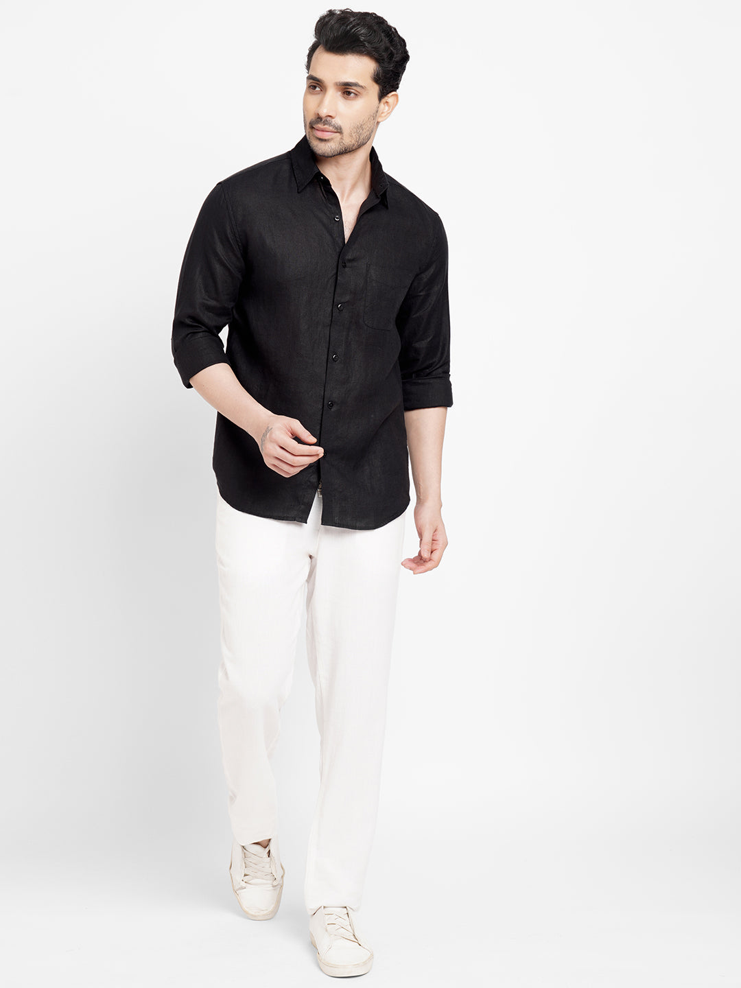 Men's Black 100% Linen Regular Fit Long Sleeved Shirt