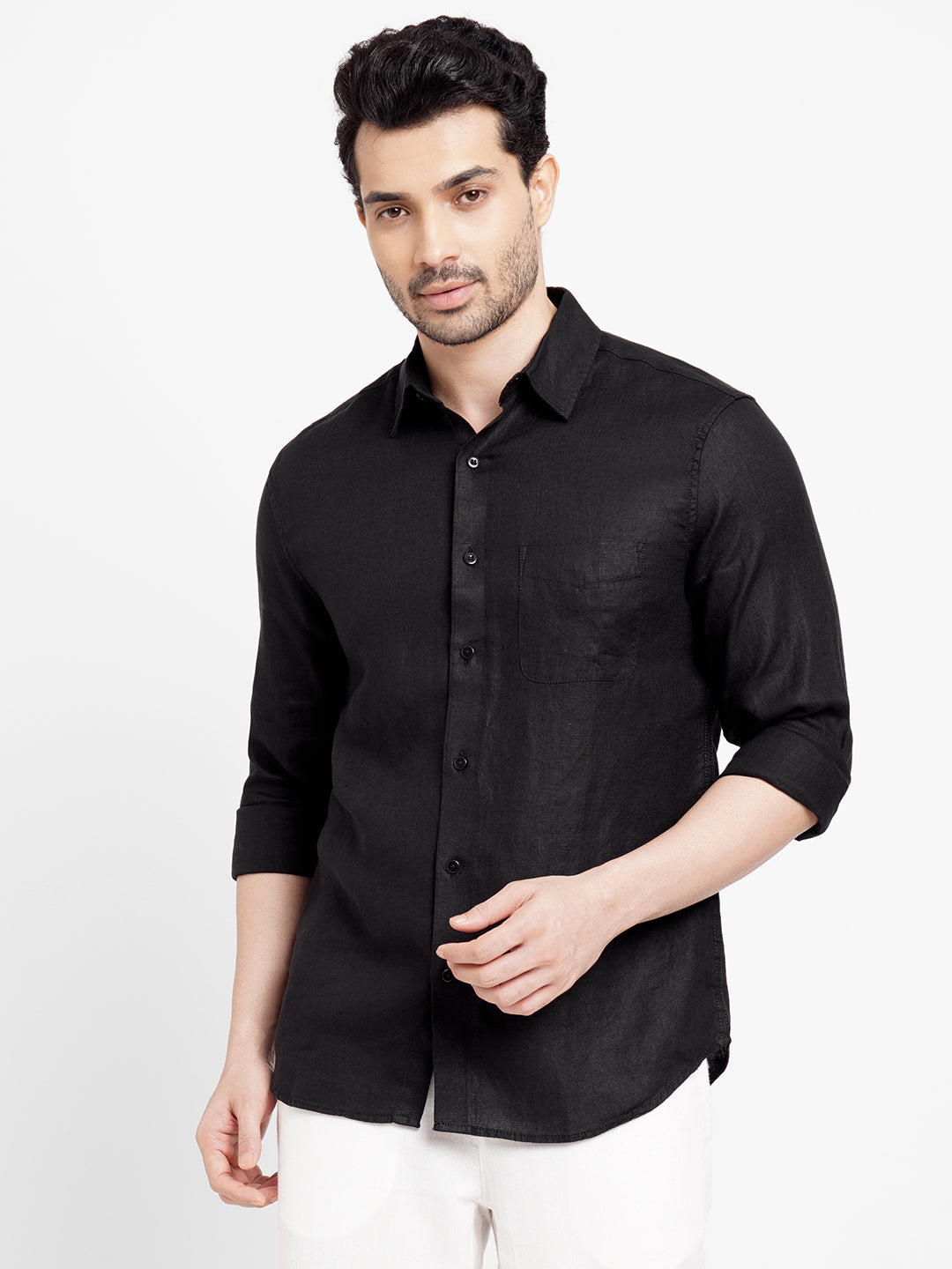 Men's Black 100% Linen Regular Fit Long Sleeved Shirt