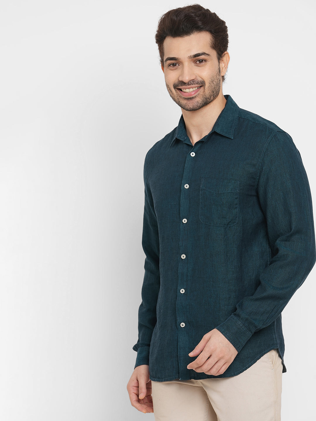 Men's Dark Green 100% Linen Regular Fit Long Sleeved Shirt