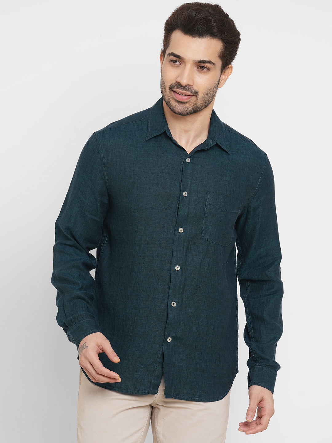 Men's Dark Green 100% Linen Regular Fit Long Sleeved Shirt