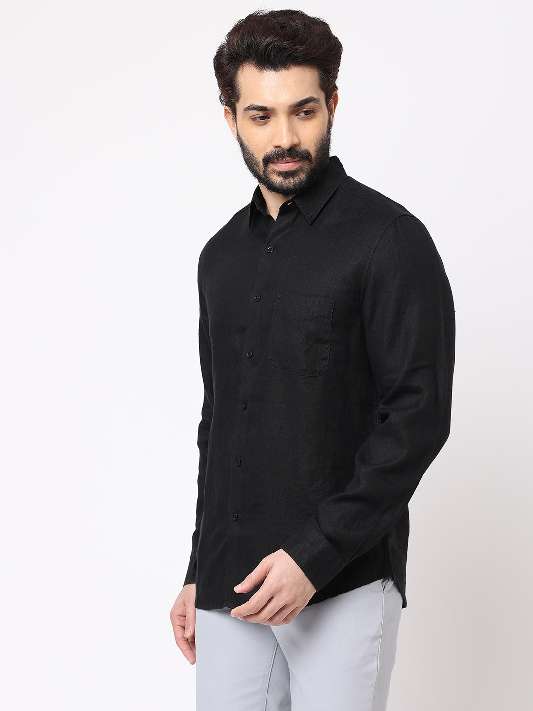 Men's 100% Linen Black Regular Fit Long Sleeve Shirt