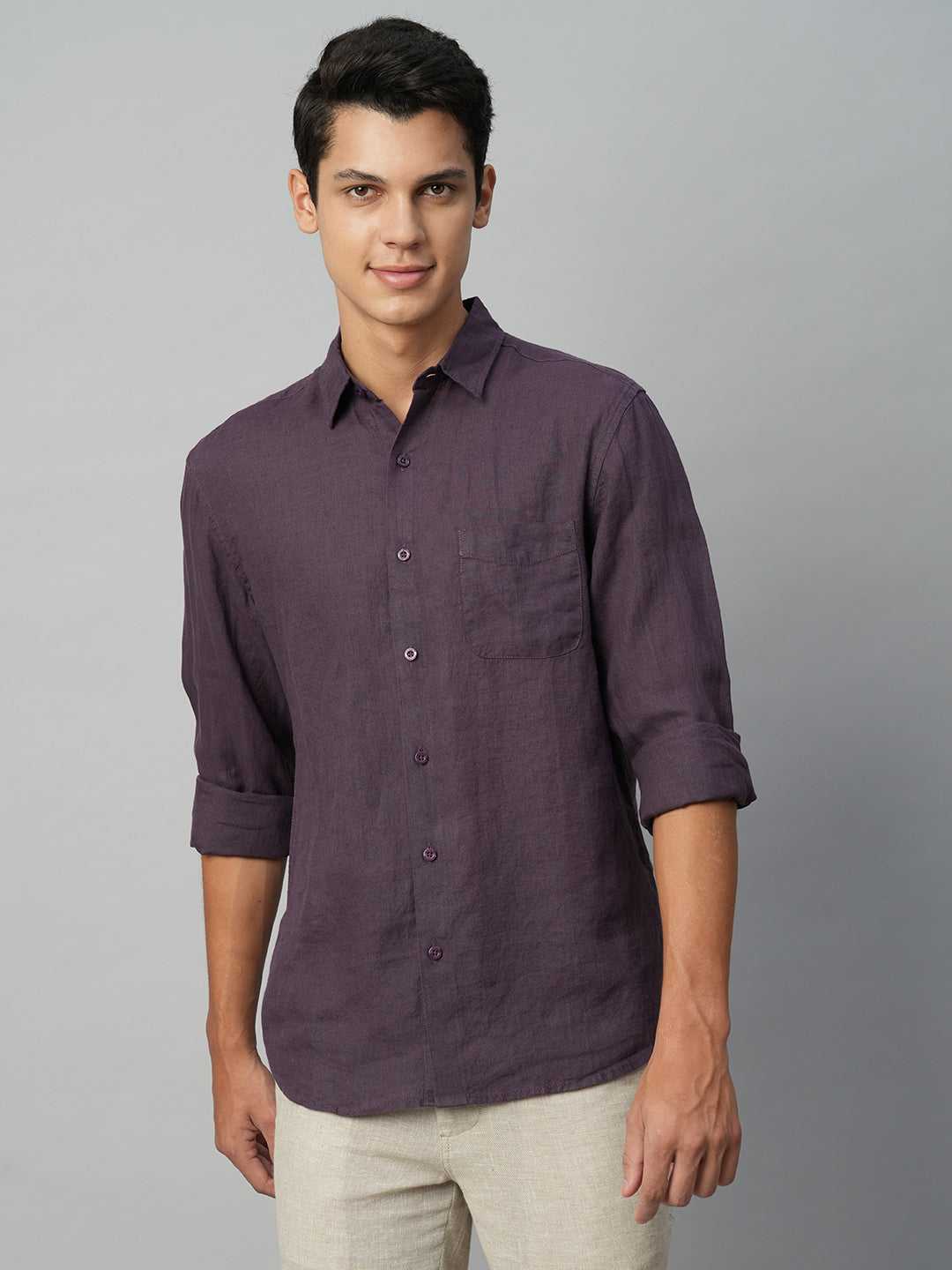 Men's 100% Linen  Grape Regular Fit Long Sleeved Shirt