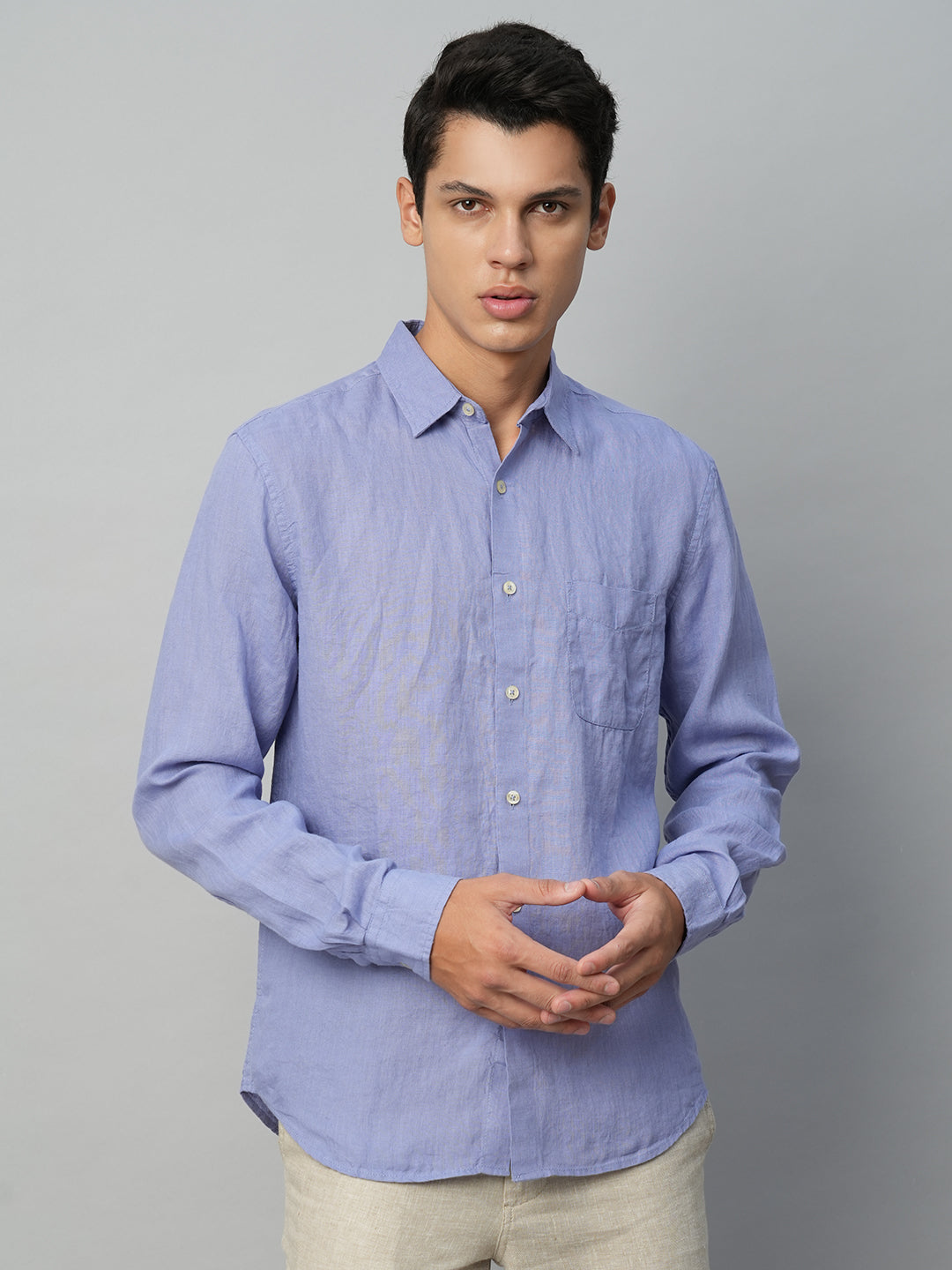 Men's 100% Linen Lilac Regular Fit Long Sleeve Shirt