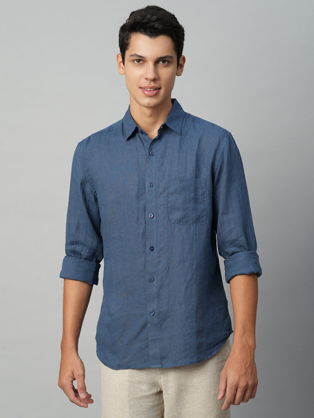 Men's 100% Linen Navy Blue Regular Fit Long Sleeve Shirt