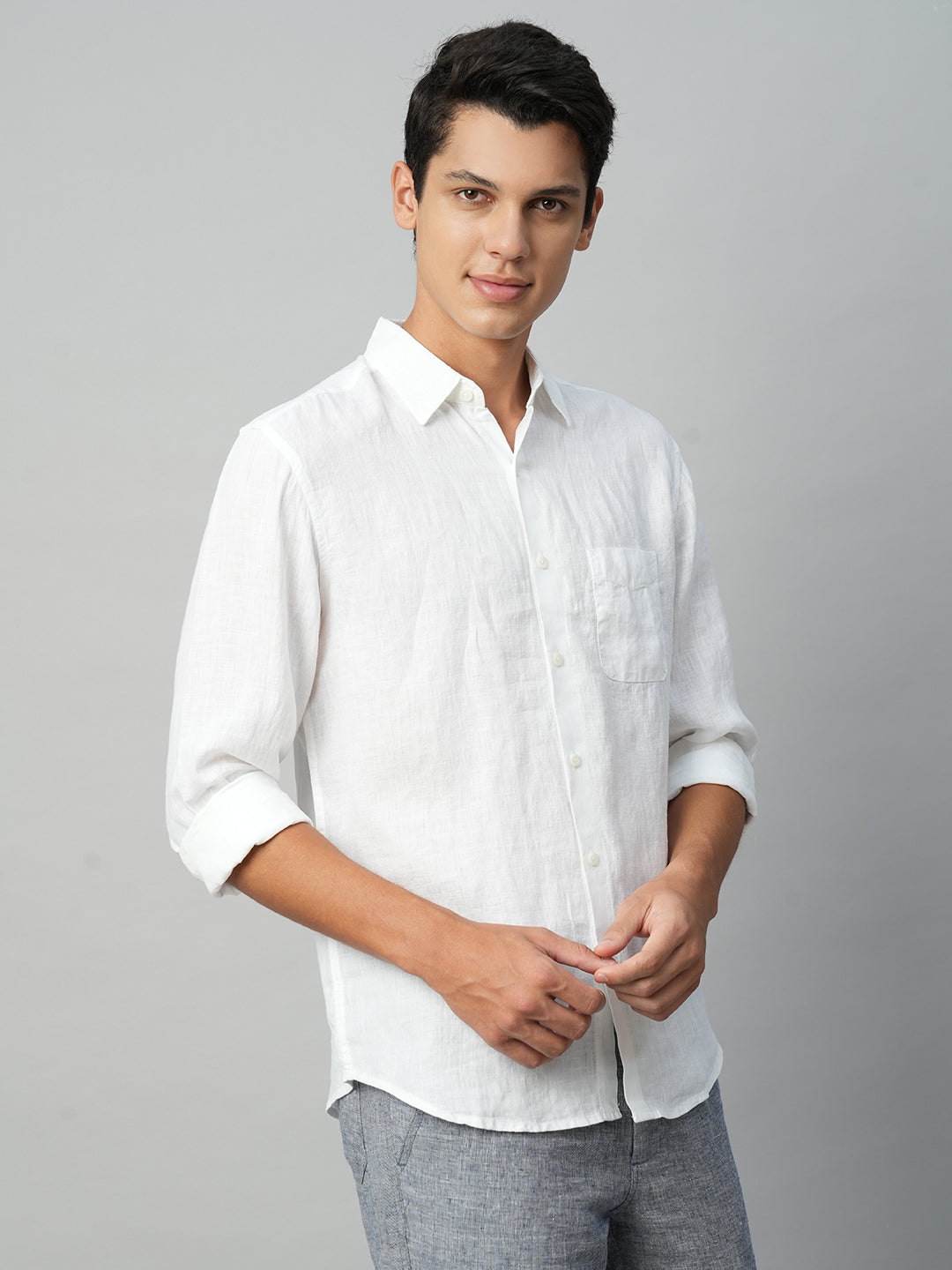 Men's 100% Linen White Regular Fit Long Sleeve Shirt