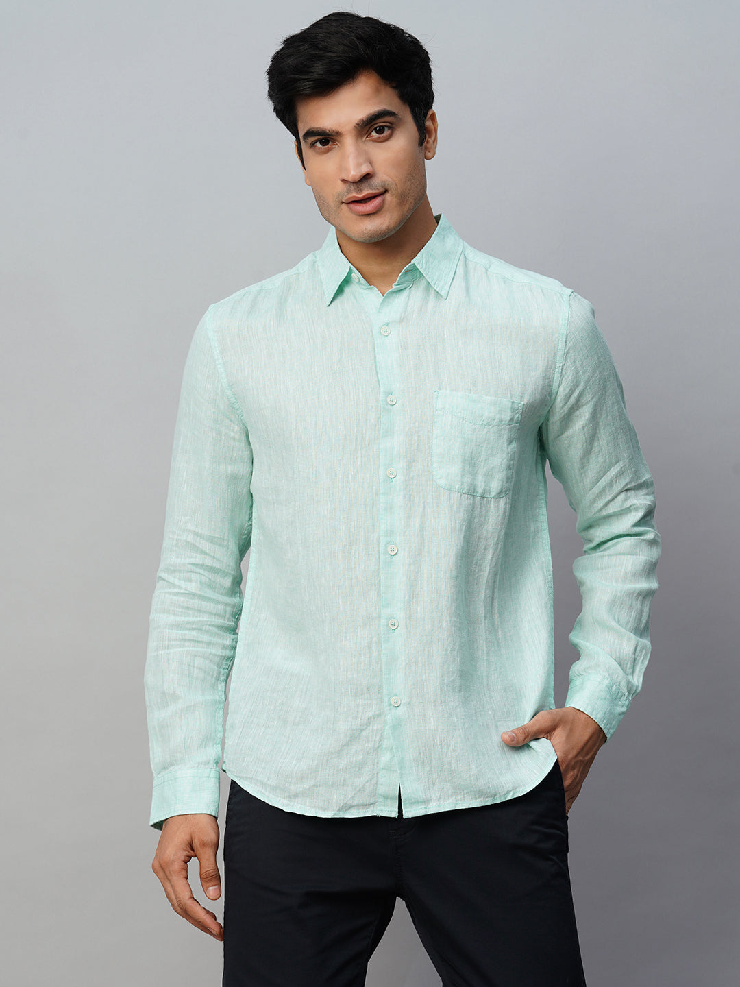 Men's 100% Linen Mint Green Regular Fit Long Sleeved Shirt