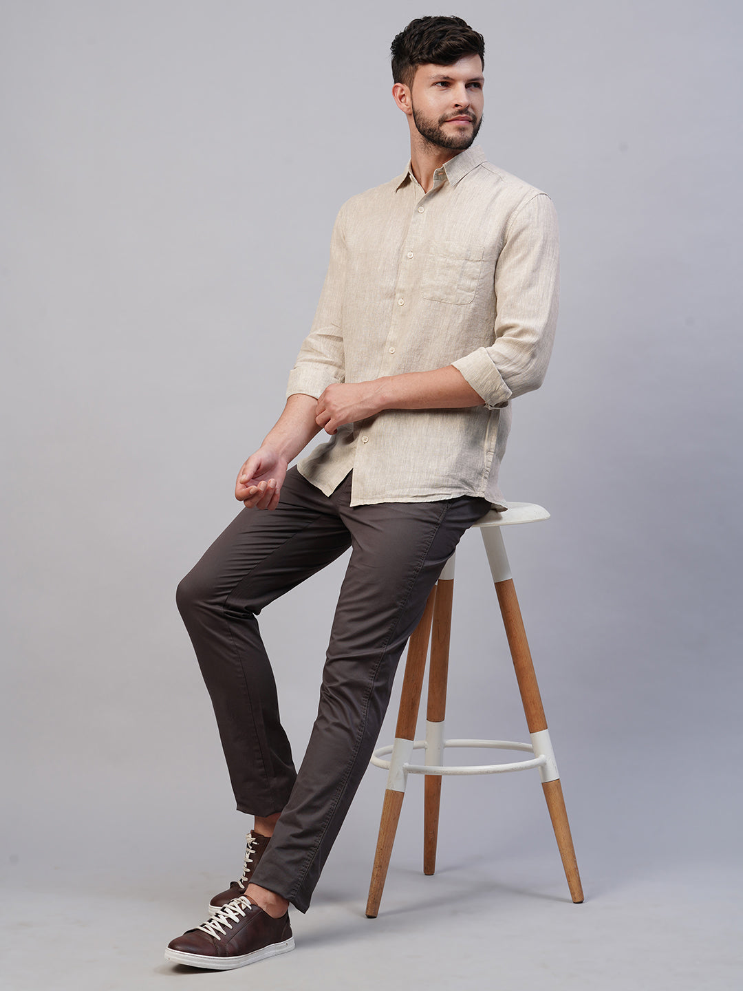 Men's Natural 100% Linen Regular Fit Long Sleeved Shirt