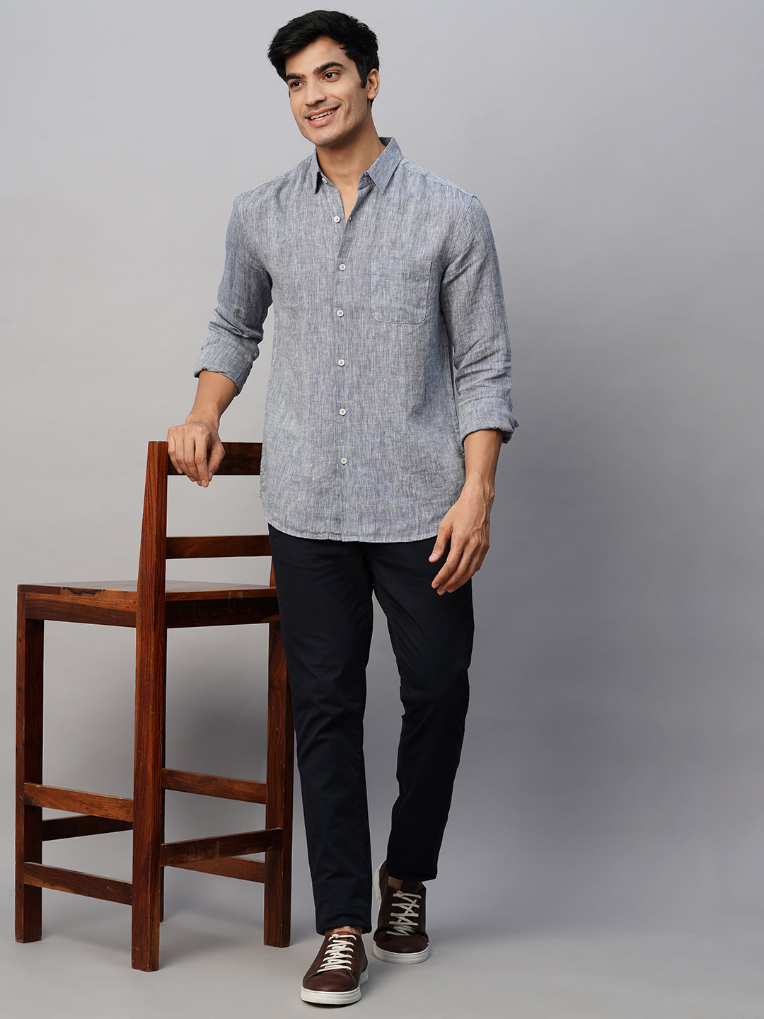 Men's 100% Linen Navy Regular Fit Long Sleeved Shirt