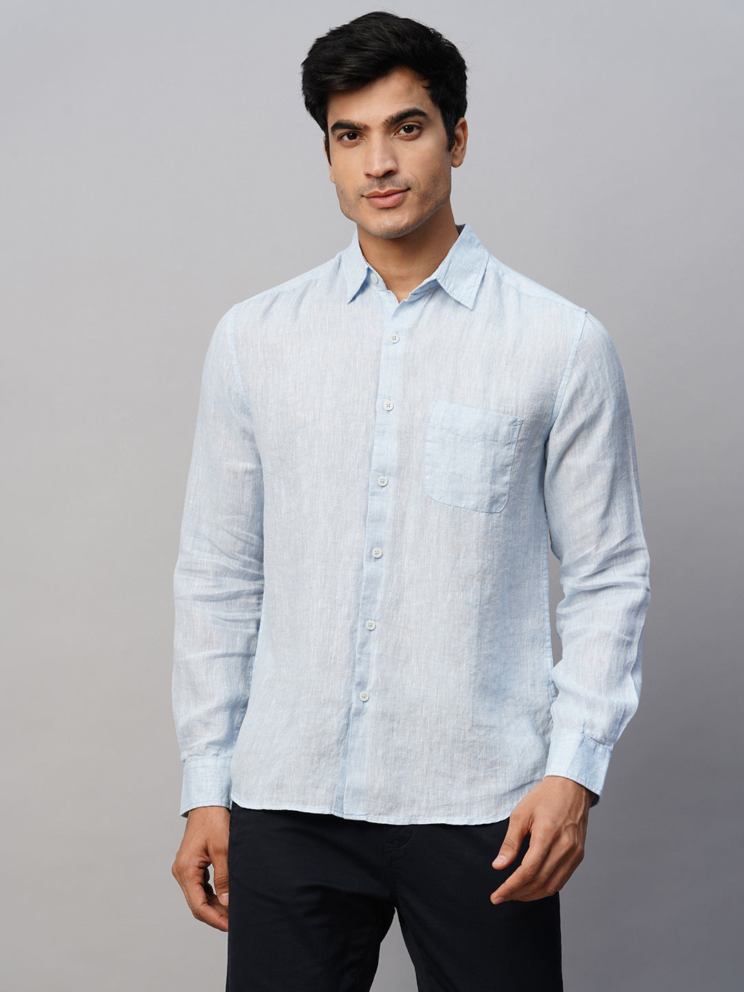 Men's 100% Linen sky Blue Regular Fit Long Sleeved Shirt