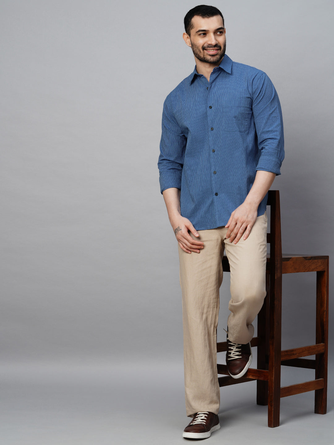 Men's Cotton Lycra Blue Regular Fit Shirt