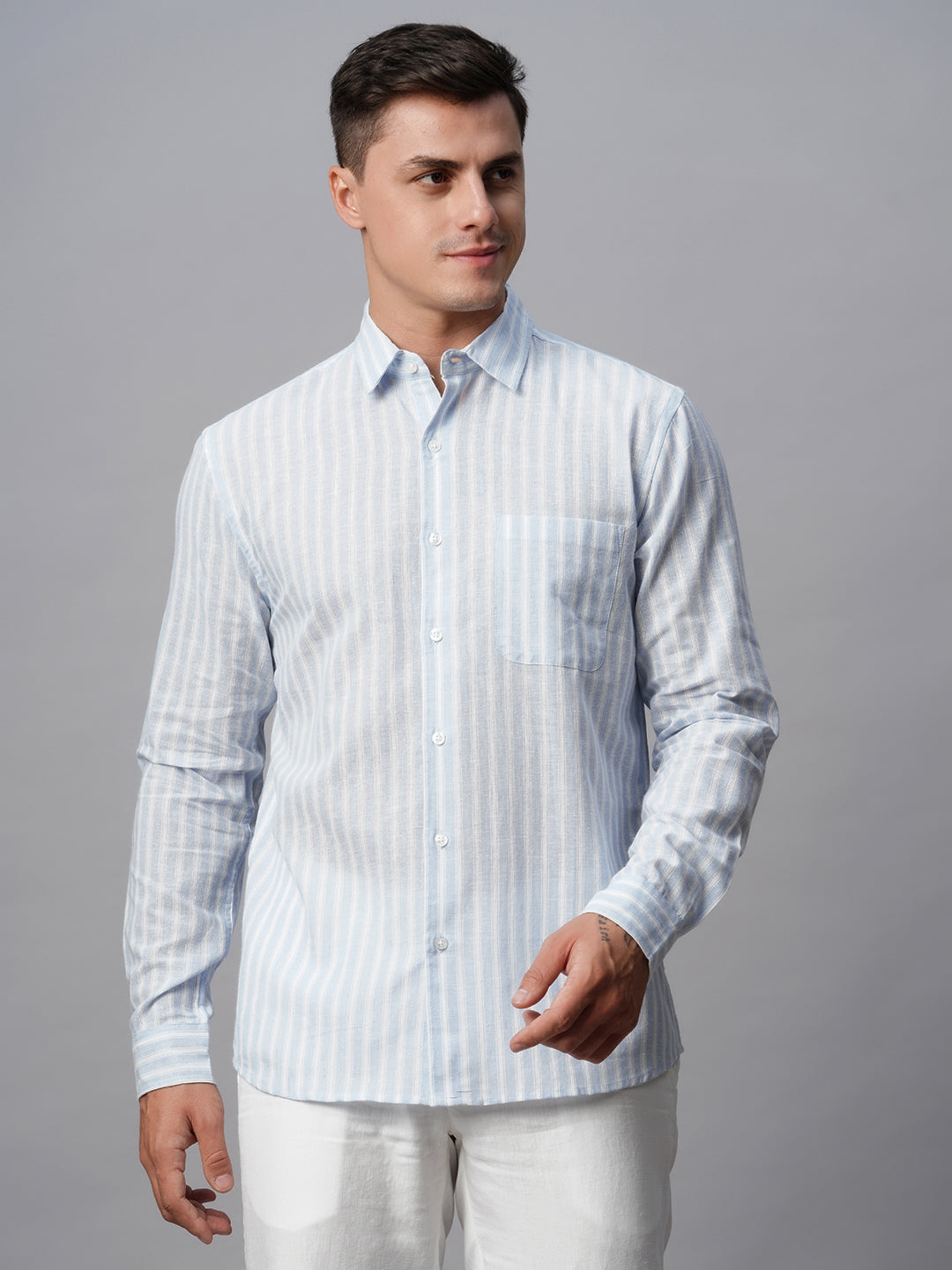 Men's Blue Linen Cotton Regular Fit Striped Shirt