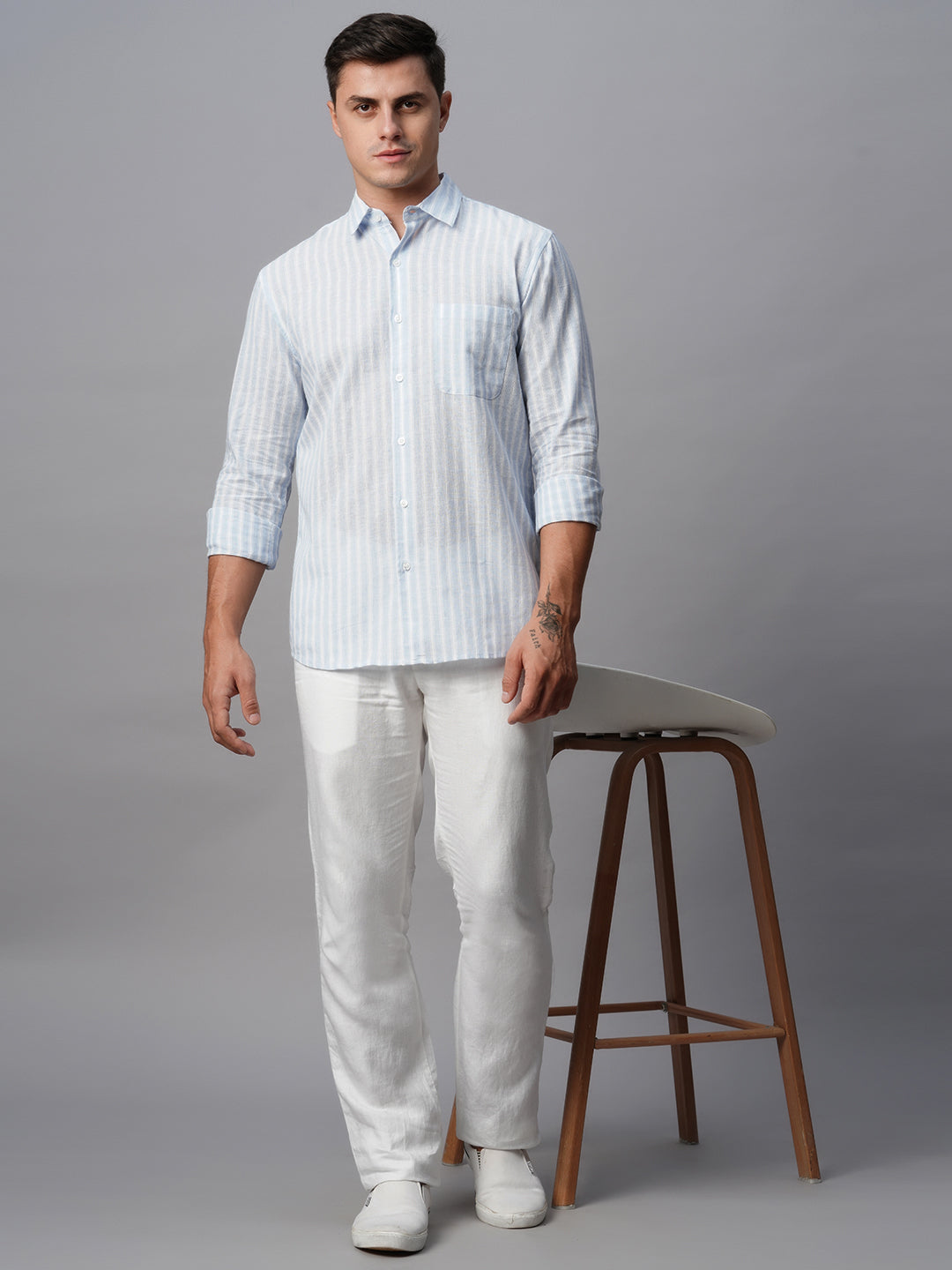 Men's Blue Linen Cotton Regular Fit Striped Shirt