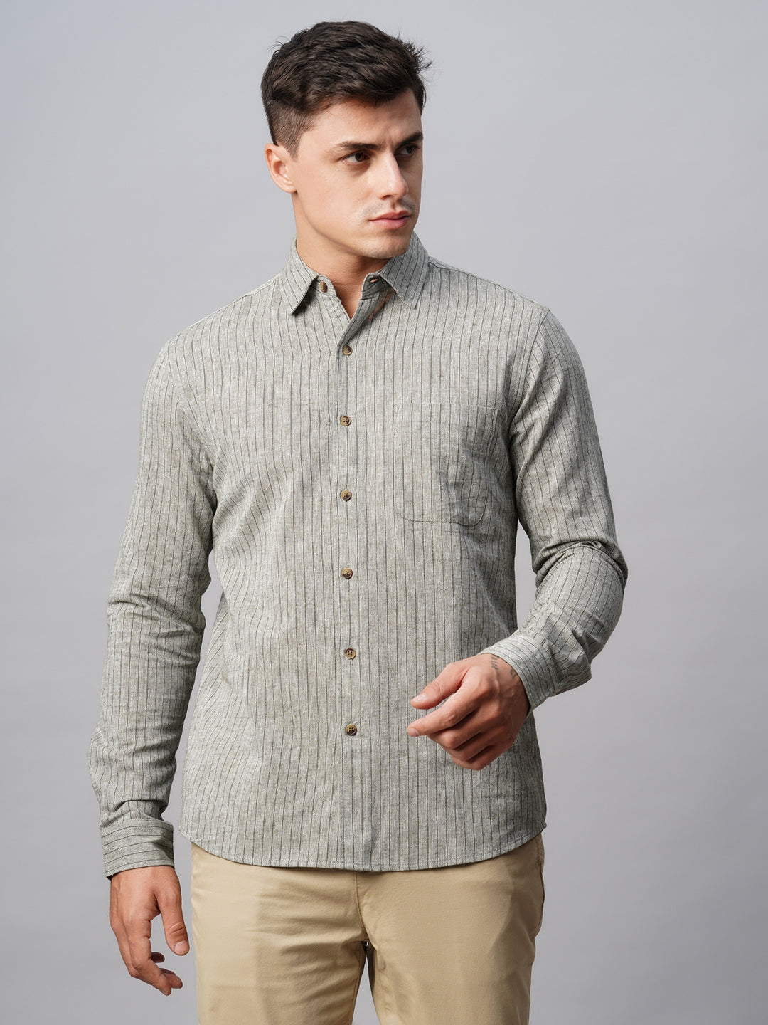 Men's Green Linen Cotton Regular Fit Striped Shirt