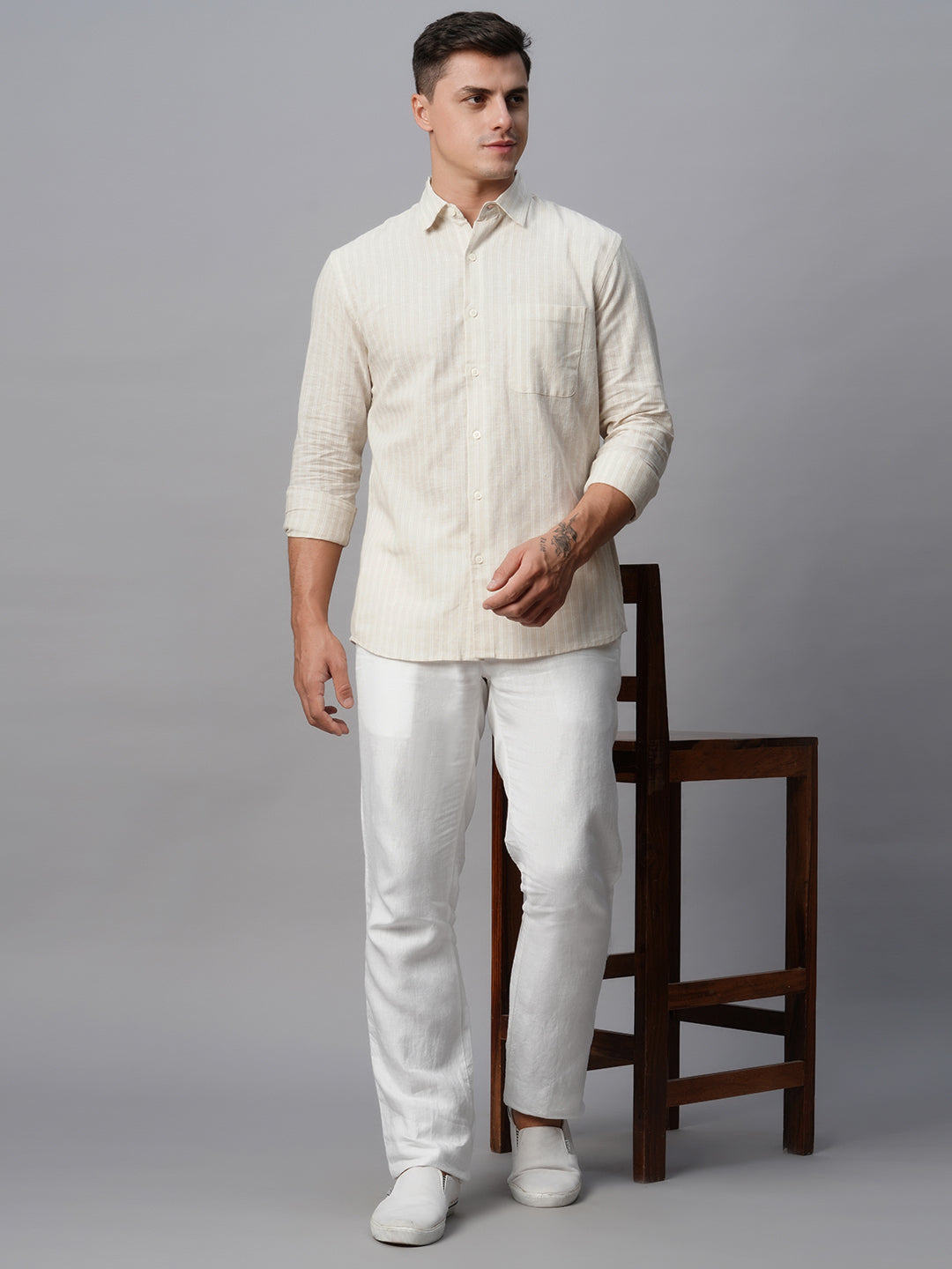 Men's Khaki Linen Cotton Regular Fit Striped Shirt