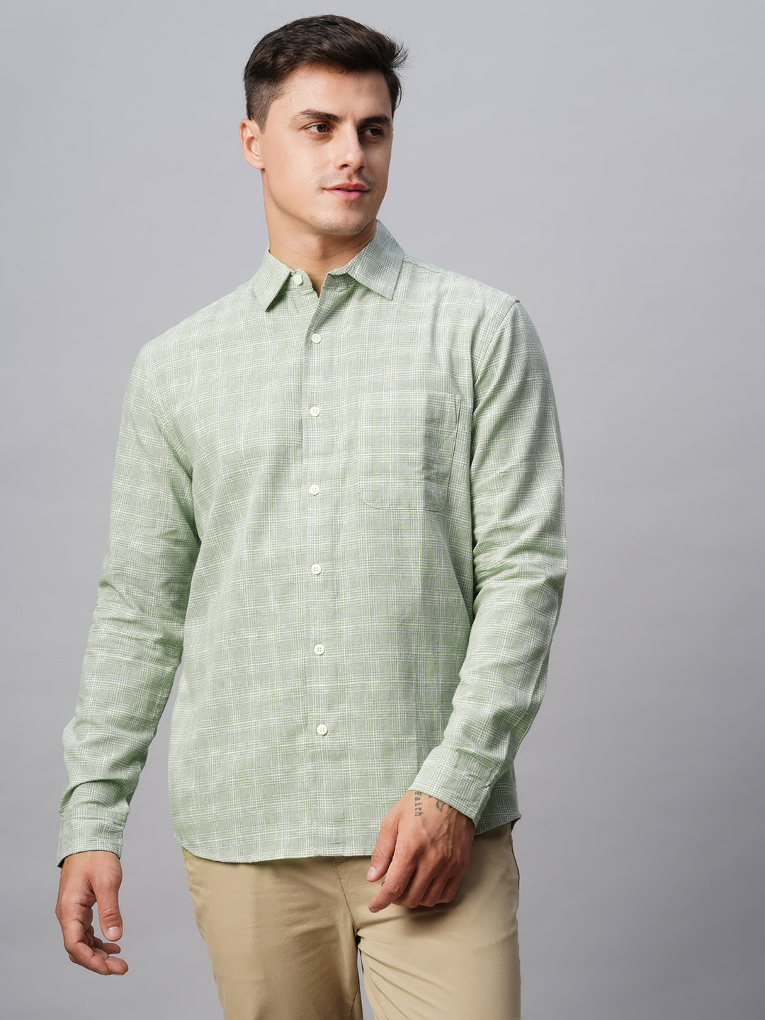Men's Green Linen Cotton Regular Fit Checked Shirt