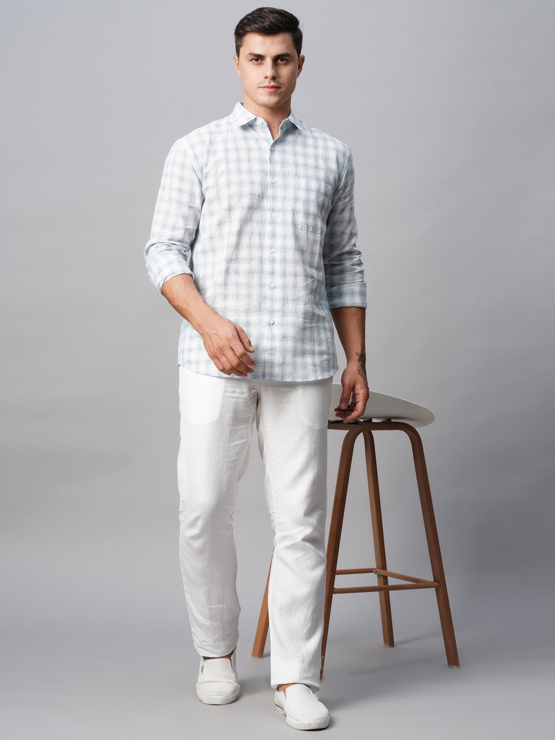 Men's White Linen Cotton Regular Fit Checked Shirt