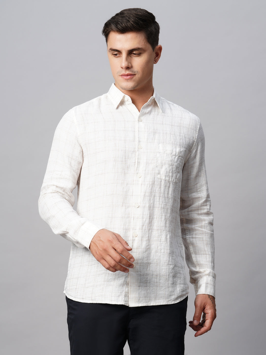 Men's 100% Linen White Regular Fit Long Sleeved Shirt