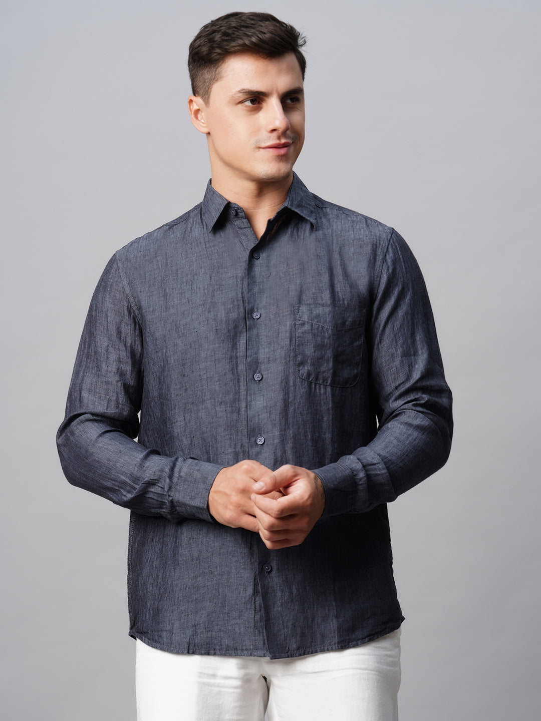 Men's Navy Linen Regular Fit Shirt