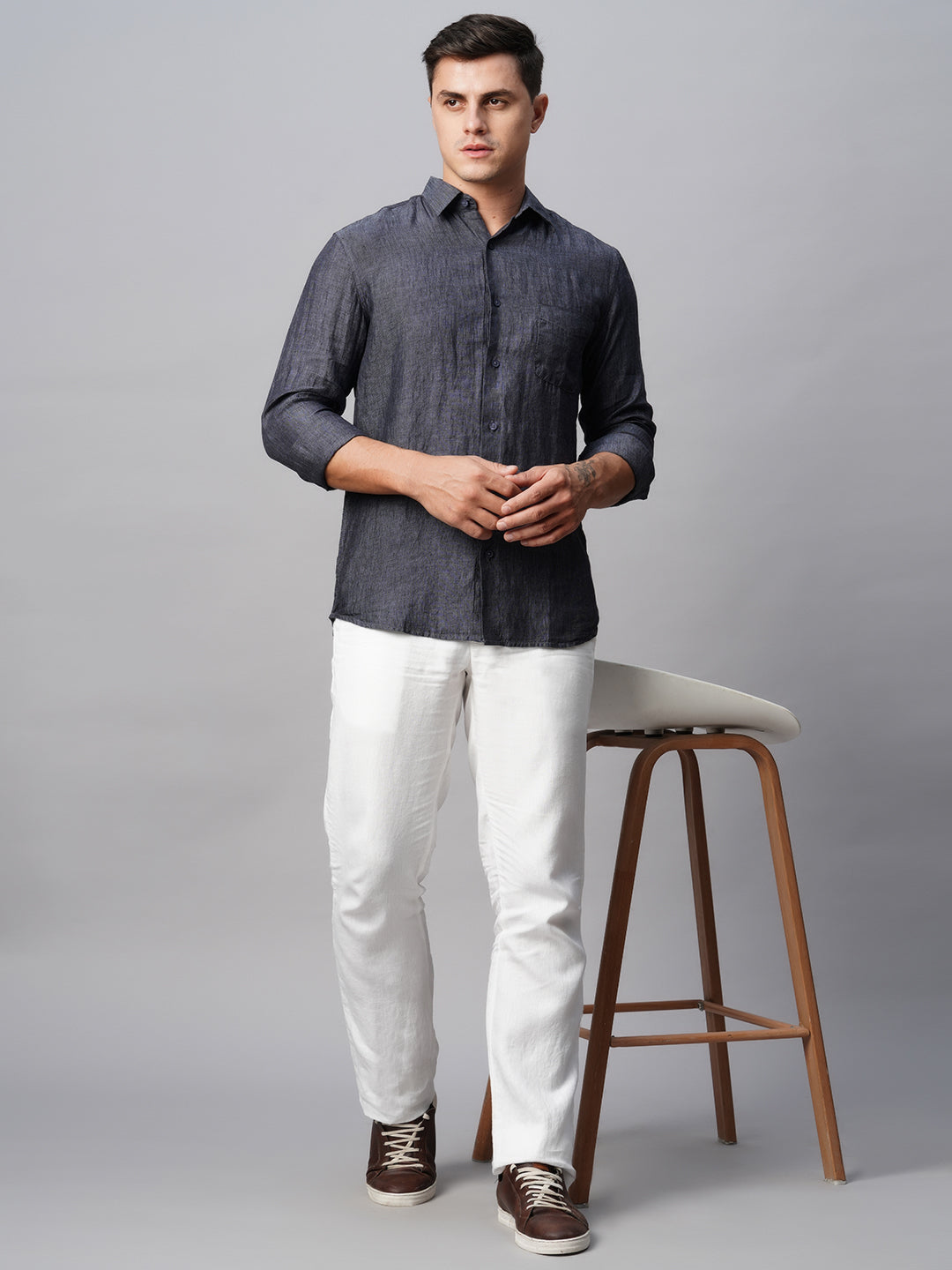 Men's Navy Linen Regular Fit Shirt