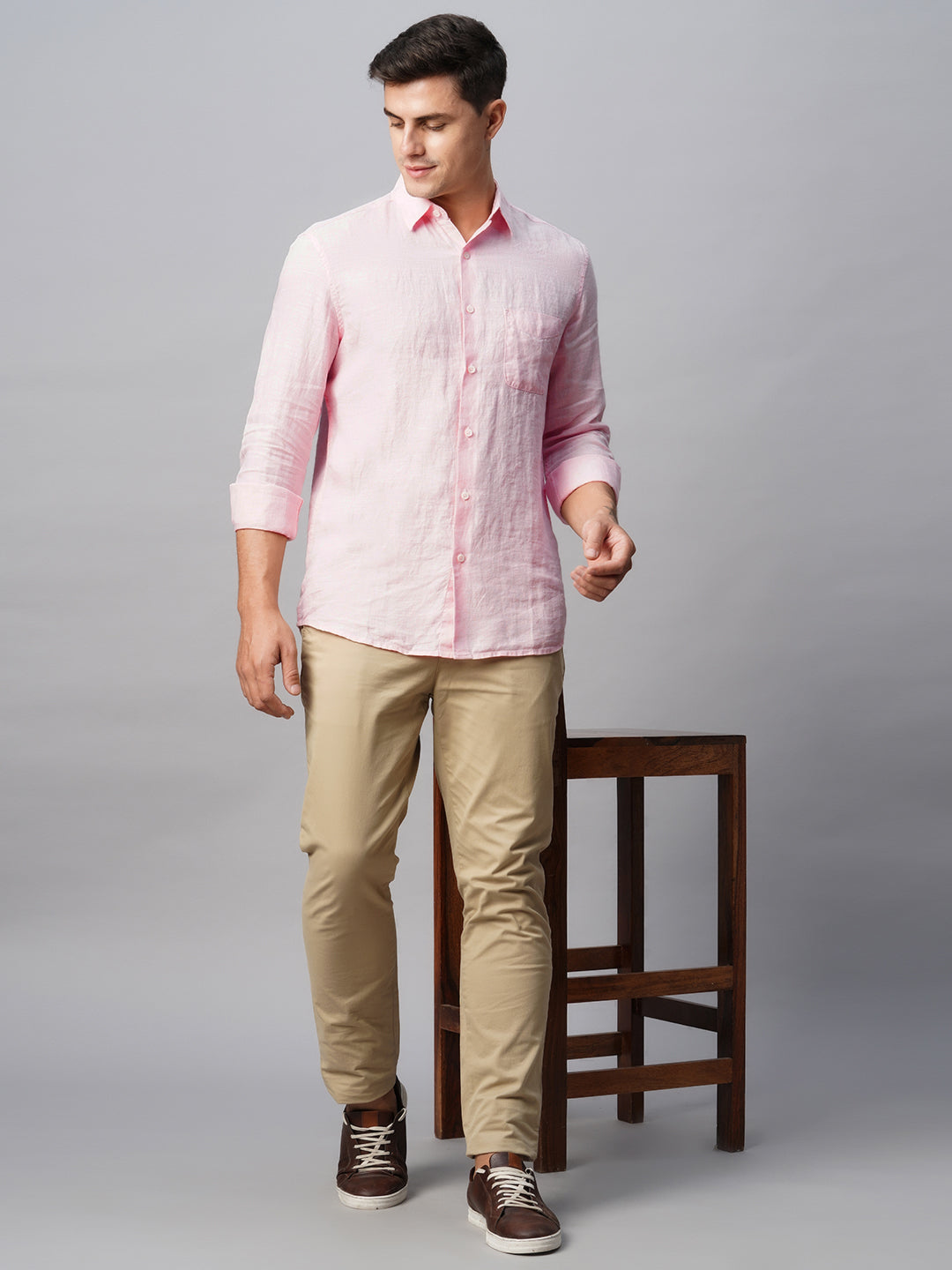 Men's 100% Linen Pink Regular Fit Long Sleeved Shirt