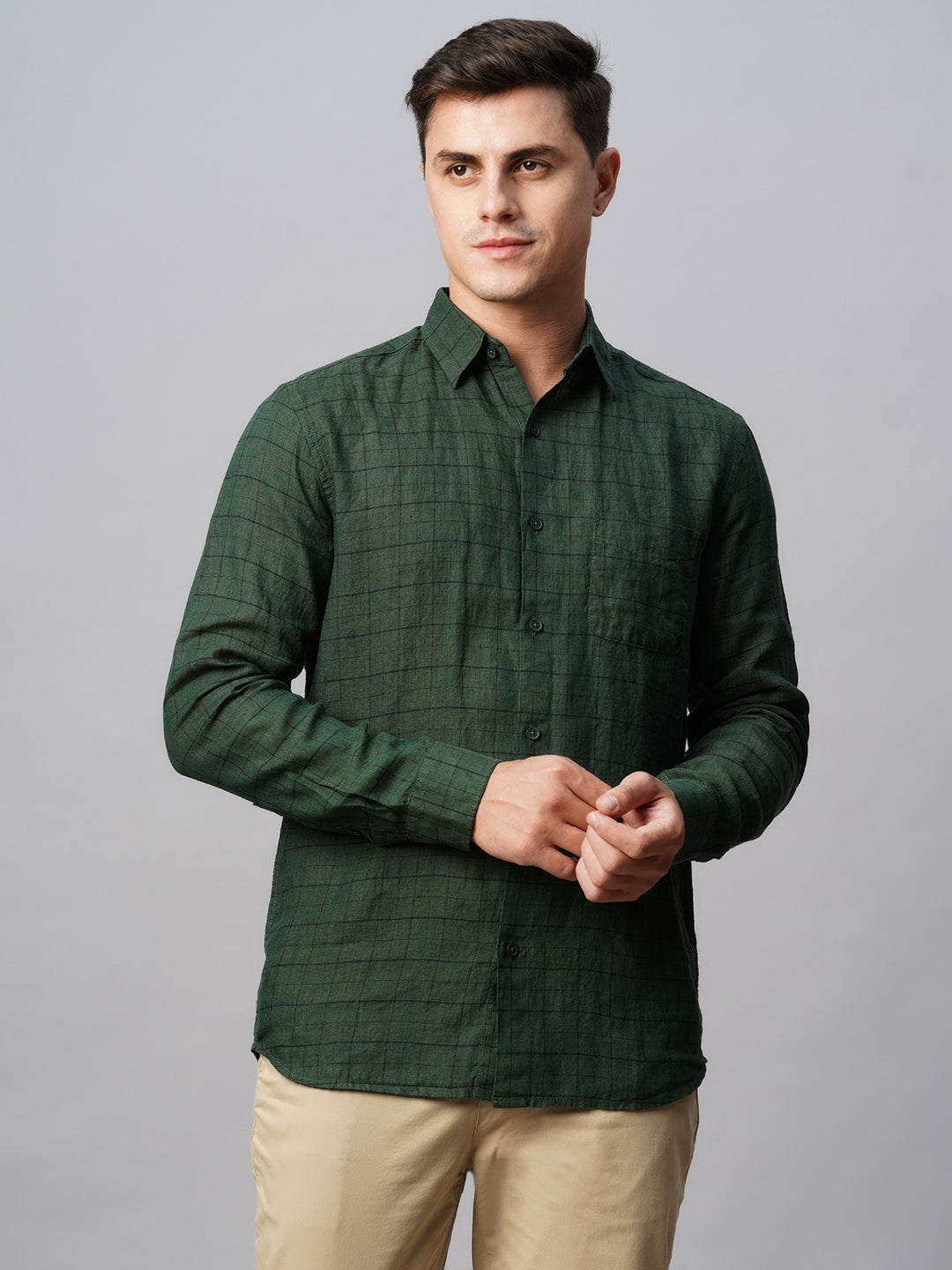 Men's Green 100% Linen Regular Fit Checked Shirt