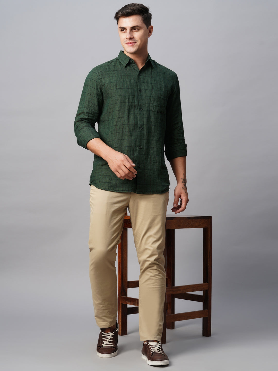 Men's Green 100% Linen Regular Fit Checked Shirt