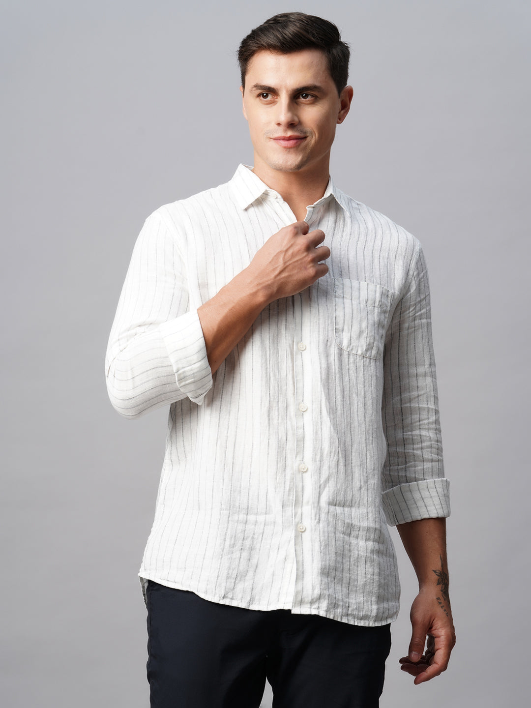 Men's White 100% Linen Regular Fit Long Sleeved Striped Shirt