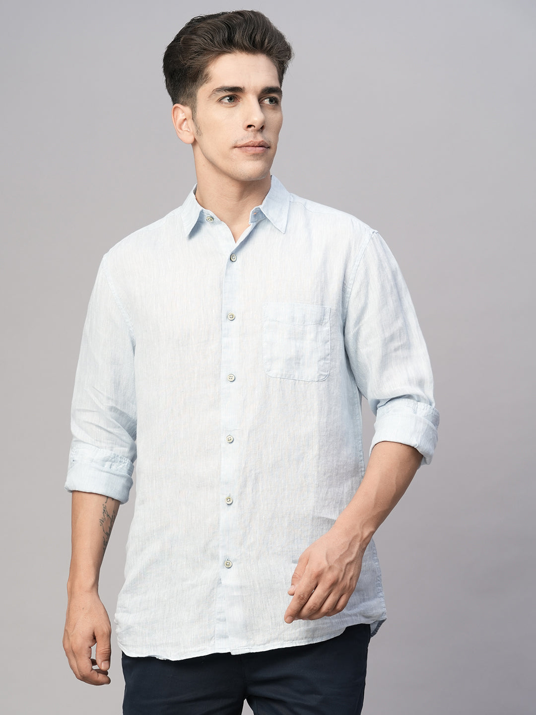 Men's Blue Linen Regular Fit Shirt